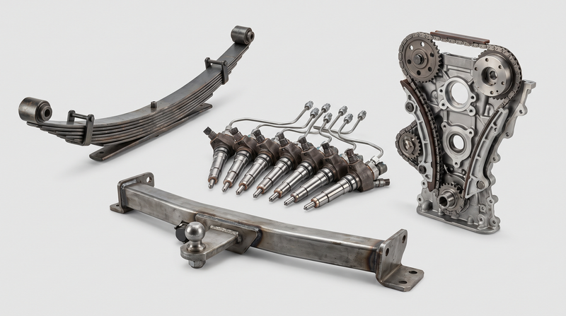 Leaf spring, injectors, timing chain and tow bar